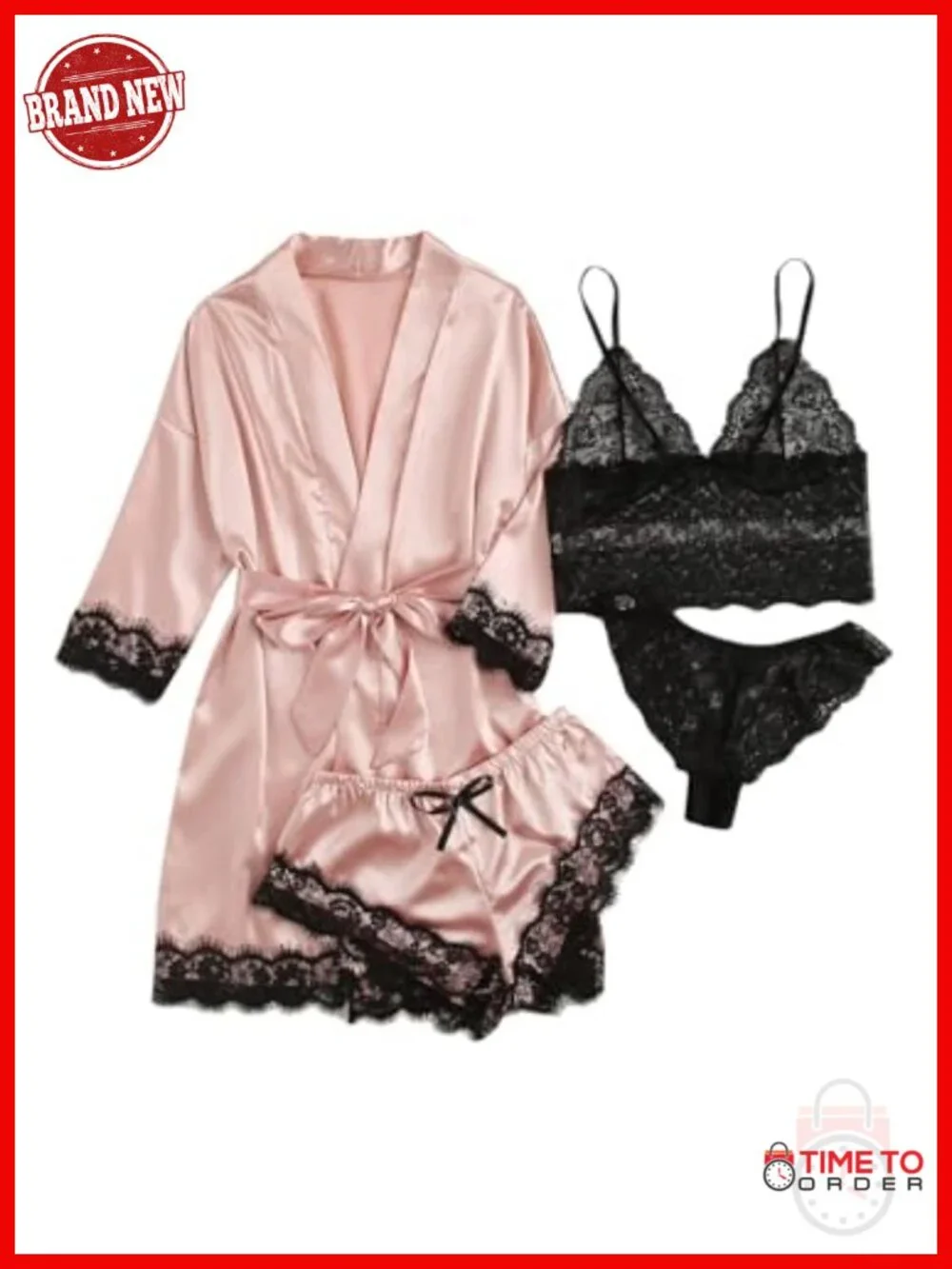 Silk Satin Pajama Set 4pcs Lingerie Cami Sleepwear with Lace Robe